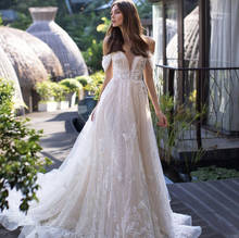 Gorgeous Wedding Dress 2021 A-Line Off Shoulder Lace Appliques Sequins Pearls Button Sweep Train Bridal Gown Vestidos De Noiva 2024 - buy cheap