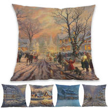 Oil Painting Style Winter Snow Landscape Christmas Cottage Lodge Throw Pillow Case Home Sofa Holiday Decorative Cushion Cover 2024 - buy cheap
