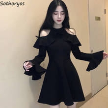 Dress Women Spring Halter Flare-sleeve A-line Black Ruffles Shoulderless Sexy Elegant Womens Korean Style Chic Simple Slim New 2024 - buy cheap