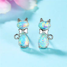 Dainty Female White Opal Small Earrings Charm Silver Color Bow Stud Earrings Cute Crystal Cat Wedding Earrings For Women 2024 - buy cheap