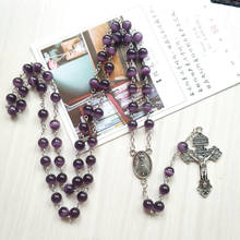 QIGO-collar largo con colgante de cruz de Jesús para hombre y mujer, joyería católica, collar de ópalo púrpura 2024 - compra barato