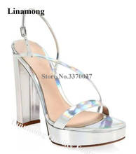 Linamong Charming Patent Leather Thin Straps Cross Chunky Heel Sandals Silver Gold Black High Platform Sandals Dress Shoes Heels 2024 - buy cheap