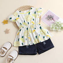 2Pcs Fashion Little Girls Clothes Children Sweet Style Lemon Printing Fly Sleeve Round Collar Top + Solid Color Shorts Set 2024 - buy cheap