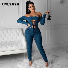 CM.YAYA Denim Jumpsuit for Women Sexy Club Partywear Lace Up Cut Out Off Shoulder Long Sleeve One Piece Overall Rompers 2021 New 2024 - buy cheap