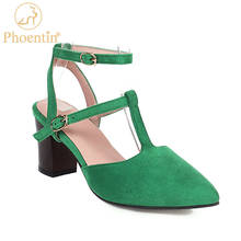 Phoentin-Sandalias con correa en T para mujer, zapatos de tacón alto aterciopelados con hebilla en el tobillo, color verde, talla grande, FT944 2024 - compra barato