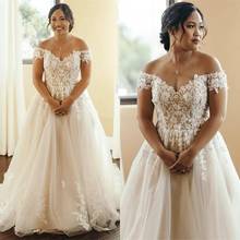 Plus Size Wedding Dresses Nude Lining Iovry Lace Off the Shoulder Short Sleeve A Line Bridal Gown 2021 Charming robe de marie 2024 - buy cheap