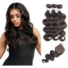 Brazilian Body Wave Bundles With Closure 4x4 Transparent Lace Quality Remy Human Hair Extensions Natural Black 30 inch MogulHair 2024 - buy cheap