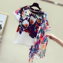 New Women Summer Cotton T Shirt Womens Korean Style Casual T Shirt Fashion Graffiti Print Asymmetric Splice Short-sleeved Tops 2024 - buy cheap