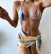 Bikini de diamante Tie dye para mujer, traje de baño de corte alto con falda, traje de baño de 3 piezas con cuello halter, traje de baño femenino de triángulo sin espalda 2020 2024 - compra barato