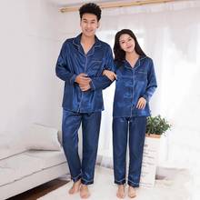 Conjunto de pijamas masculino cetim de seda, pijamas casal cor sólida de manga comprida, novo camisola casual para homens 2024 - compre barato