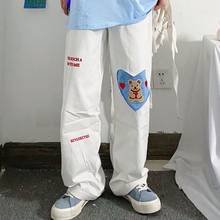 Harajuku calças de perna larga branca das mulheres estilo coreano urso bordado kawaii solto cintura alta calças casuais em linha reta 2024 - compre barato