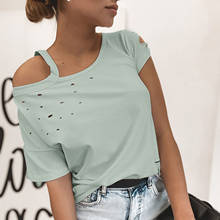 Camisetas de un hombro con agujeros para mujer, blusa elegante de Color sólido con hombros descubiertos para niña, Tops de manga corta para verano 2024 - compra barato