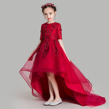Элегантные платья принцессы для девочек, детское вечернее праздничное платье со шлейфом, красное Тюлевое платье принцессы с цветочной аппликацией, бальное платье на свадьбу для девочек 2024 - купить недорого