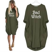 2022 New Fashion 100% Cotton Bad Witch Letters Print Pocket Dress Clothing Women 2024 - buy cheap