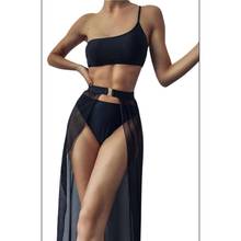 Women Sexy 3 Piece Bikini Set 2021 Female One Shoulder Tube Top Triangle Bottom Swimsuit with Slit Mesh Maxi Skirt Cover Up 2024 - buy cheap