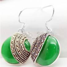 Free Shipping  18*18mm Natural Green Natural jade Coin 925 Silver Marcasite Earrings valentine's gift 2024 - buy cheap