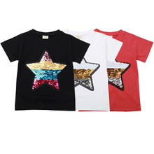 Camiseta infantil reversível com lantejoulas vogueon, camiseta de manga curta para meninos e meninas, camiseta casual com design de estrela 2024 - compre barato