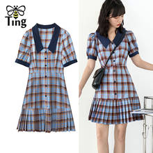 Tingfly Sweet Girl Plaid Pleated Mini Short Dress Vintage Short Pull Sleeve Peter Pan Collar Young School Girl Dress Vestidos ZA 2024 - buy cheap