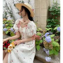 Summer Lace Elegant Dress Boho Beach Floral Dresses Female Party Korean clothes vintage vero Women Puff Sleeve Square Collar 2024 - buy cheap