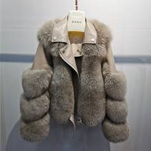 Casaco feminino pele de raposa real, jaqueta feminina pele curta justa pele de carneiro casaco com gola 2024 - compre barato