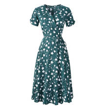 Green Short Sleeve Summer Wrap Dress Womens Elegant V Neck Print Floral Boho Beach Dresses Ladies A Line Knee Length Sundress 2024 - buy cheap