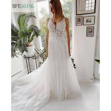 White Organza Tulle Lace Appliques Floor-Length A-Line Wedding Dress Chapel Train V-Neck Sleeveless Bridal Gowns 2024 - buy cheap