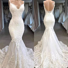 Vestido de noiva estilo sereia, vestido de casamento com alça espaguete, apliques de renda e decote v 2024 - compre barato
