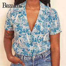 Женская блузка с цветочным принтом Bazaleas, винтажная блузка с коротким рукавом и воротником-стойкой в стиле Харадзюку, 2019 2024 - купить недорого