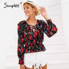 Simplee V neck floral print women shirt Lace up ruffles short sweet blouse 2019 Spring long sleeve casual blusas female 2024 - buy cheap