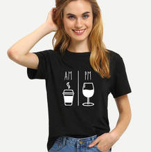 Camiseta con estampado de letras AM Coffee PM Wine para Mujer, Camiseta holgada de manga corta con cuello redondo, camiseta informal para Mujer, Tops para Mujer 2020 2024 - compra barato