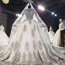 Vestido de noiva feminino com gola alta e renda prateada, roupa de noiva inchada para princesa com contas, 2021 2024 - compre barato