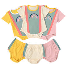 2Pcs Baby Summer Ribbed Tracksuits, Match Color Rainbow Short Sleeves Romper + High-Waist Shorts for Toddler Girls, Boys, 0-24M 2024 - buy cheap