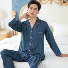 Conjunto de pijamas de verão para homens, pijama de seda lmitação para homens, camisola macia e confortável de manga comprida, roupas de casa 2024 - compre barato
