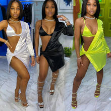 Neon Women Sexy Two Piece Set Spaghetti Bra Mini Dress One Shoulder Long Sleeve Asymmetrical Bra Suit Night Club Party Outfits 2024 - buy cheap