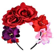 Womens Mexican Simulated Rose Flower Crown Headband Day of The Dead Halloween Headpiece Colorful Fake Stamen Party Hair Hoop 2024 - buy cheap