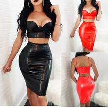 New Sexy PU Leather Bandage Dresses 2018 Women Two Piece Set Bodycon Spaghetti Strap Party Dress V Neck Vestidos Summer Clubwear 2024 - buy cheap