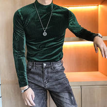 Boutique Velvet Fashion Solid Color Mens High Collar Casual Business Long-sleeved T-shirt Male Slim High-grade Flannel T-shirt 2024 - buy cheap