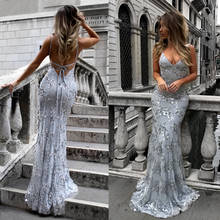 2020 Summer Lace Women Deep V Neck Sexy Backless Split Luxury Sequined New Dresses Floor Length Elegant Party Maxi Dress Female 2024 - buy cheap