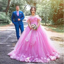 2020 colorido fora do ombro floral tule vestidos de casamento vestido de baile varredura trem vestido de noiva 2024 - compre barato