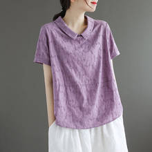 2020 New Summer Women T-shirt Literary vintage Turndown Collar Cotton Short Sleeve T-shirt Loose Thin Hollow out Tops Women 2024 - buy cheap