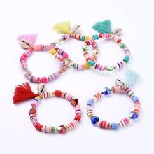 Contas de argila de polímero heishi, 20 peças, bracelete elástico de concha coescrite, borlas, para mulheres, joias para surfe 2024 - compre barato