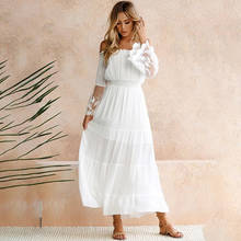 Vestido solto branco sem alças de manga longa, maxi vestido de praia sexy com renda, boho, mulheres, 2021 2024 - compre barato