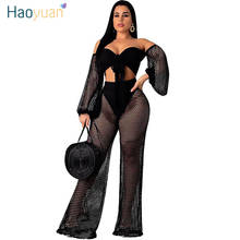 HAOYUAN Neon Fishnet Sheer Two Piece Set Women Summer Beach Clothes Long Sleeve Crop Top Pants Matching Suit Sexy Club Outfits 2024 - buy cheap