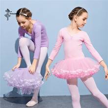 Vestido de balé feminino infantil, roupa de balé para ginástica com malha de manga comprida, vestido dnce curto com tutu, roupa de desempenho infantil 2024 - compre barato