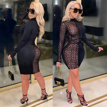 Geometric Patchwork Sheer Mesh Bodycon Dress Woman Mock Neck Long Sleeve Night Club Party See Through High Waist Dresses Outfits 2024 - buy cheap