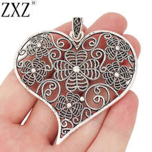 Zxz pingente prateado tibetano 2 peças, coração grande, flor, para colar, fazer jóias, descobertas 63x62mm 2024 - compre barato