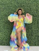 Rainbow Sheer Dress Tulle Ruffle Robe Tulle Maternity Dress Robe Custom Made Long Puff Sleeve Prom Party Evening Gown 2024 - buy cheap