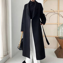 Casaco longo feminino lã-mistura faixas laço-up solto outono e inverno jaqueta de cor sólida 2024 - compre barato