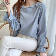 Bow Cuffs Long Flare Sleeve Solid Blue 2021 Autumn Blouse Women Turn-down Collar Pullover Side Split Shirt Blusas Mujer 11247 2024 - buy cheap