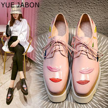 Zapatos de plataforma plana para mujer, cuñas de cuero con cordones y punta cuadrada, estilo británico, de cuero Real 2024 - compra barato